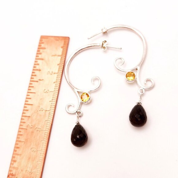 Citrine and Brown Topaz Teardrop Drop 925 Sterling Silver Scroll Work Earrings - Picture 4 of 4